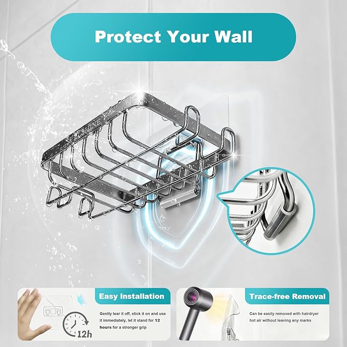 Soap Dish for Showr - 304 Stainless Steel Bathtub Tray Suction Cup Square Shower Soap Holder - A Must-Have for Comfortable Apartment, Home and Dormitory Bath Laundry Kitchens