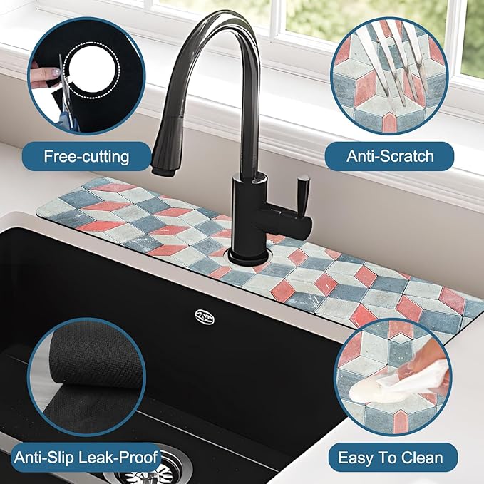 Red Gray Tile Kitchen Sink Splash Guard Faucet Mat Red White Diamond Super Absorbent Fast Drying Mat Sink Splash Guard Behind Faucet for Kitchen Bathroom, 23.5"x5.5"