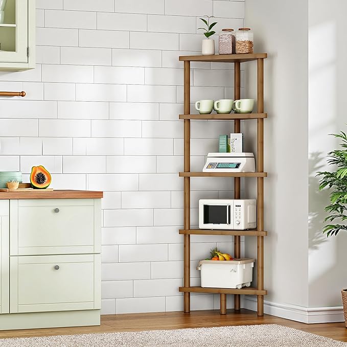 HOOBRO Corner Shelf Stand, 5-Tier Bamboo Corner Bookshelf, Plant Display Shelf, Corner Bookcase, Multipurpose Shelving Unit for Small Space, Living Room, Easy Assembly, Mocha MA20CJ01