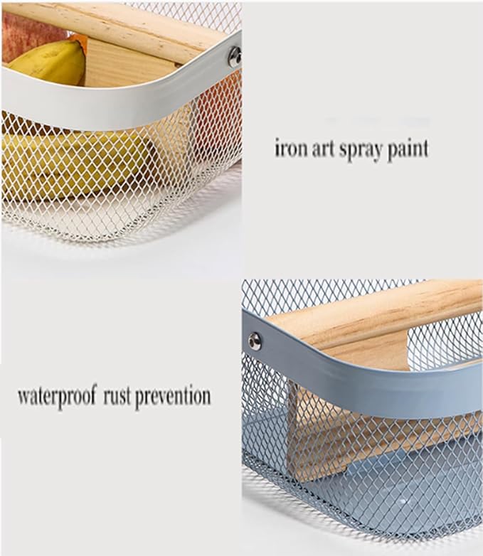 Metal Mesh Steel Storage Basket, Garden Harvest Wire Organizer Basket Multi-functional Kitchen Fruit Basket with Wooden Removable Partition & Handle for Bath Picnic Decor Cabinet, Cream White