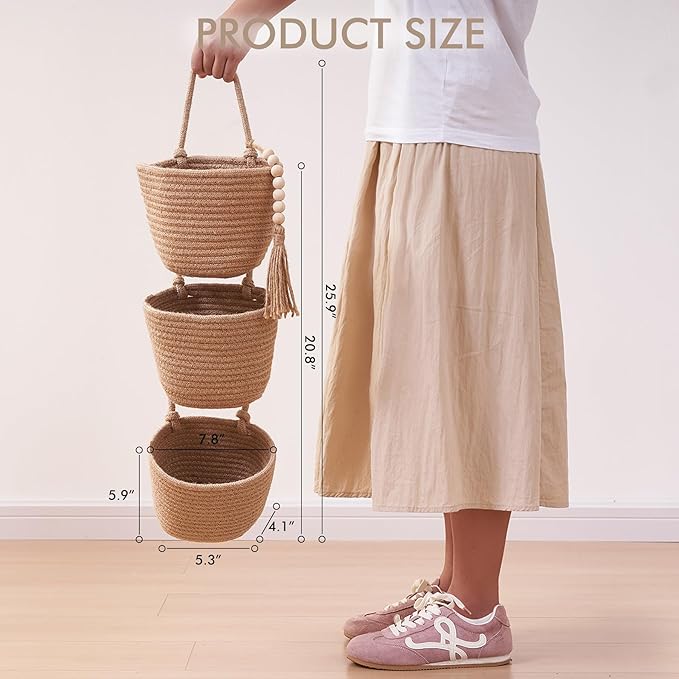 Fabric Wall Hanging Organizers - Small Woven Baskets Pouches Set Boho Style Wall Mounted Bag with Adhesive Hook, Storage Decoration Pocket Caddy for Closet Playroom RV Nursery (Linen & Black)