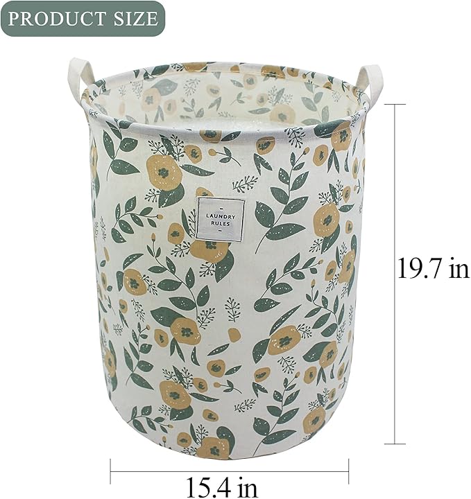 Mziart Collapsible Laundry Basket, Floral Printing Large Laundry Hamper for Baby Girls Kids Toys Clothes Organizer Foldable Storage Bin Waterproof Canvas Nursery Storage Basket with Handles (Green)