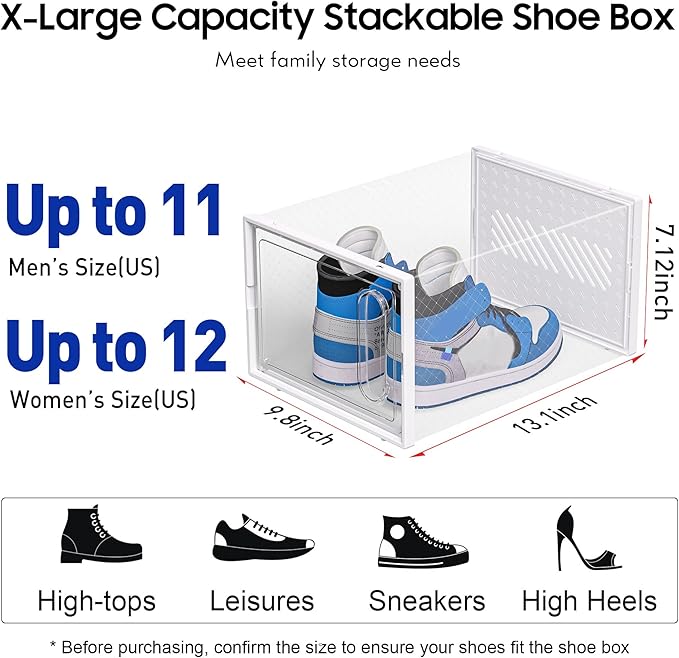 eWonLife Large Shoe Organizer Storage Box with Magnetic Door,12 Pack Clear Plastic Stackable Sneaker Containers for Closet, Connect Left and Right Shoe Box for Entryway, Drop Front, Under Bed (White)