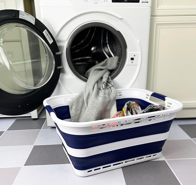 SAMMART 42L (11 Gallons) Collapsible Plastic Laundry Basket - Foldable Pop Up Storage Container/Organizer - Portable Washing Tub - Space Saving Hamper/Basket [BPA Free] (White/Starry Blue)