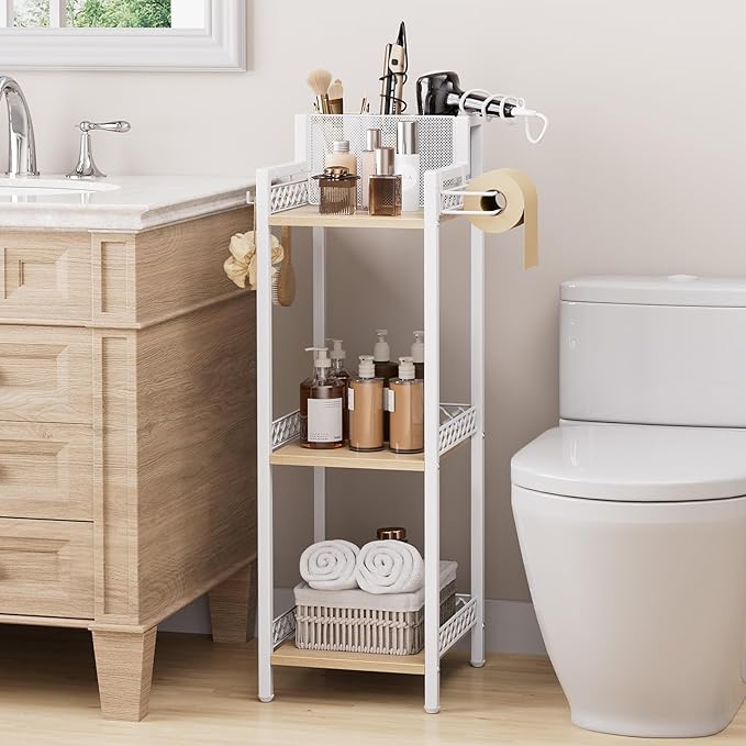 Slim Bathroom Storage Shelf Unit, 3 Tier Corner Storage, Rustic Makeup Organizer, Space-Saving Floor Standing Storage Shelves for Bathroom, Vanity,Kitchen, Laundry 9.85im Matte White