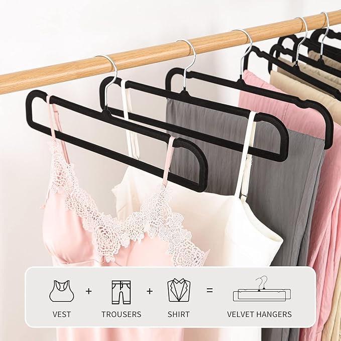 Velvet Hangers Non Slip - 20 Pack Pants Hangers for Closet - Thin Space Saving Clothes Hanger - Strong, Durable, Jean Perchas with 360 Degree Rotatable Hook for Tank Top (Black Silver Hook)