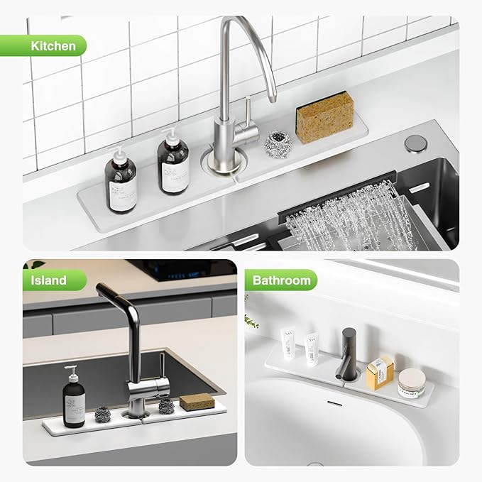 20" x 4" Stone Faucet Mat for Kitchen Sink, Quick Drying Diatomite Sink Tray, Faucet Sink Splash Guard for Prevents Moisture Buildup (White)