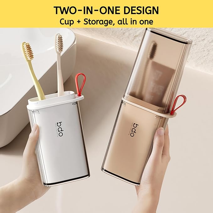 Topavatop Toothbrush Travel Case, 2 in 1 Toothbrush Holder and Rinse Cup, Large Capacity Toothbrush Cup with Cover, Portable Travel Toothbrush Holder for Traveling, Camping, Trip - 1Pcs - Grey&White
