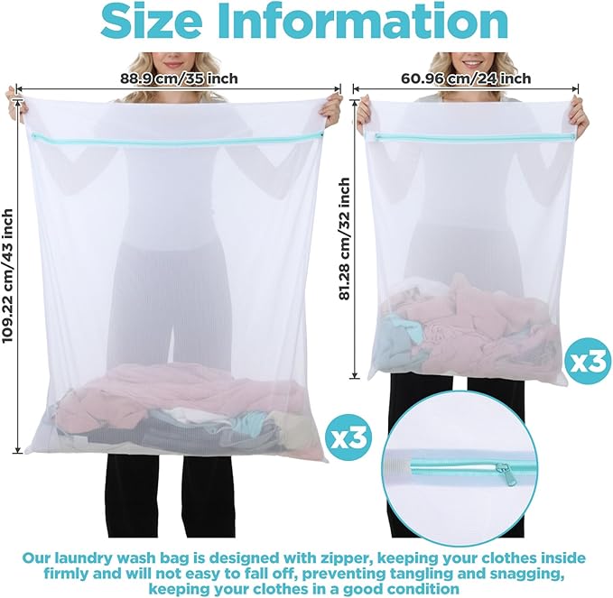 6 Pcs Extra Large Mesh Laundry Bags for Delicates, 43 x 35 and 24 x 32 Inches Jumbo Mesh Wash Dryer Bag Zippered for Washer Dryer Net Bed Sheet Blanket Underwear Lingerie Garment Travel Storage