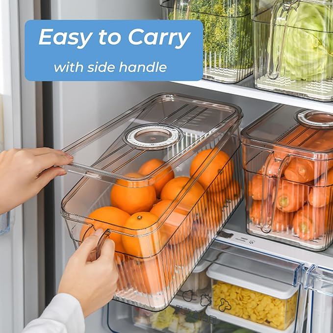 2 Pack Clear Refrigerator Organizers and Storage, Plastic Fridge Organizer Bins with Handle and Removable Drain Tray, Multi-Use Organizer Bins for Kitchen, Cabinets, Fridge, Drinks, Vegetable