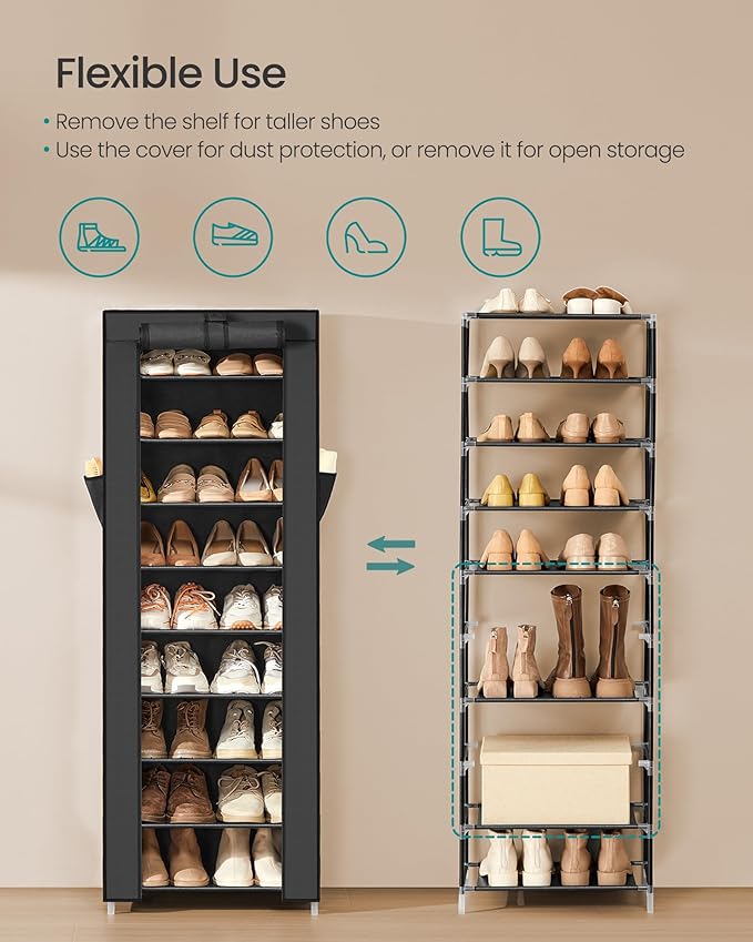 SONGMICS 10-Tier Shoe Rack, Shoe Storage Cabinet with Dustproof Cover, Free-Standing Storage Organizer for Closet, Entryway, Hold 20 Pairs of Shoes, for Sneakers, High Heels, Black URXJ034BH01