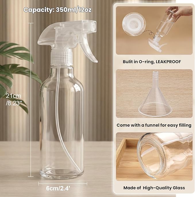 Glass Spray Bottles 12oz Empty Spray Bottle Mist/Stream Spraying Small Refillable Containers for Hair Care, Cleaning Solutions, Plants, Essential Oils 2 Pack (Clear, 12oz)