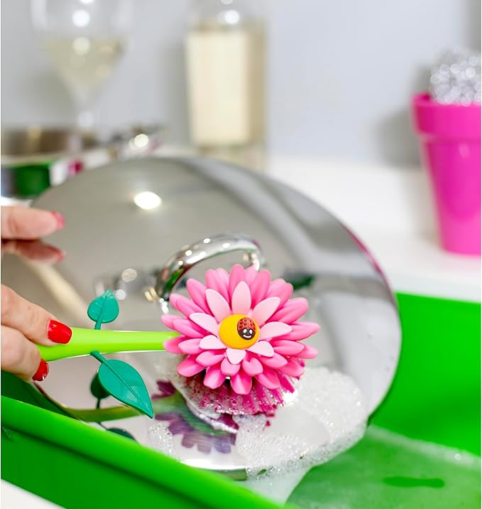 Vigar Flower Power Dish Brush with Handle and Vase Dish Brush Holder, Kitchen Scrub Brush for Pot Scrubber, Dishes, and Sink Cleaning, Pink, Green