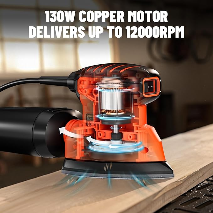 DOVAMAN DLS03A Detail Sander, 130W Palm Sander Tool, Dust Collection System, 12PCS Sandpaper, 12000RPM Compact Hand Tool for Wood Steel Surfaces
