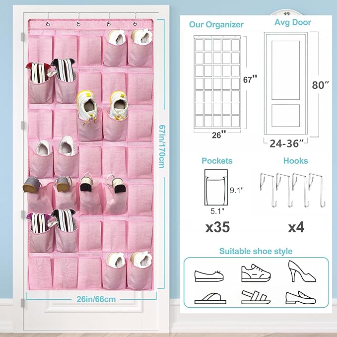 homyfort 35 Pockets Over the Door Shoe Organizer, Hanging Door Shoe Rack for Closet, Large Shoe Storage Holder Zapateras Organizer for Shoes (Pink)