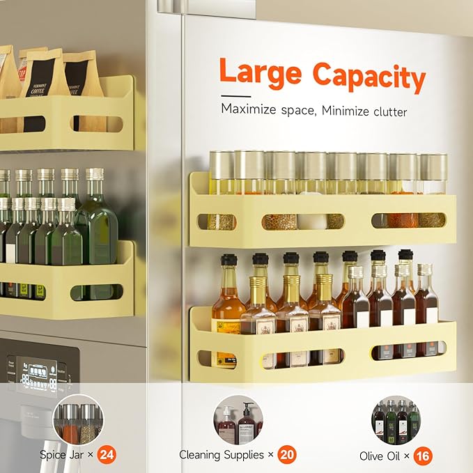 4 Pack Strong Magnetic Spice Rack for Refrigerator, Multipurpose Magnetic Shelf for Fridge with 4 Hooks for kitchen and Bathroom Organization, Yellow