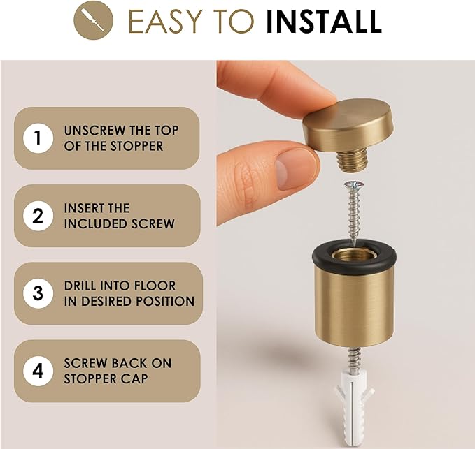 Mega Handles Floor Door Stopper, Quickly Installed Wall Protector, Wall Protectors from Door Knobs, Floor Door Stop with Mounting Hardware Included - Satin Brass - 1.5 Inch