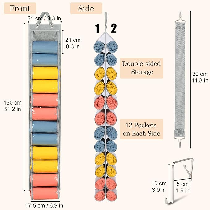Lirex Scarf Storage Organizer with 24 Pockets, Yoga Legging Storage Organizer for Family Closet Bedroom, Light Grey