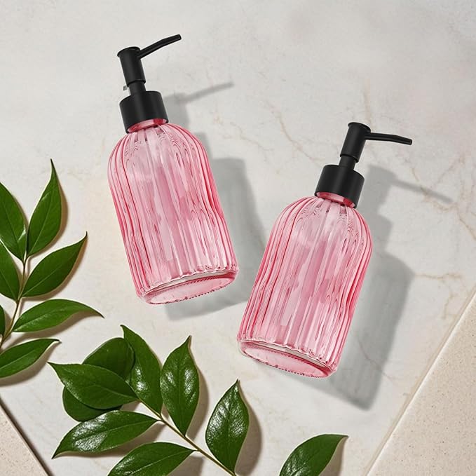 2 Pack Stripe Glass Soap Dispenser with Black Plastic Pump, 400ml Liquid Hand Soap Dispenser, Rustproof Pump for Kitchen & Bathroom, Great for Lotions, Essential Oil, Liquid Soaps- (Pink)