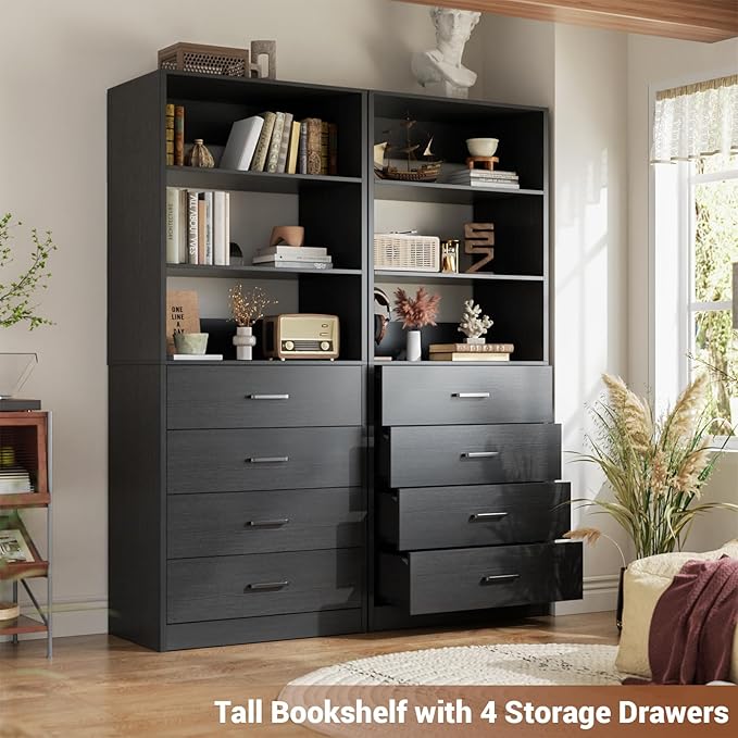 Aheaplus Closet Drawers Organizer System, 3.54FT Wood Closet System with 4 Drawers, Modular Walk-in Closets Storage Unit, Tall Bookshelf Storage Cabinet, Black (2 Packs)