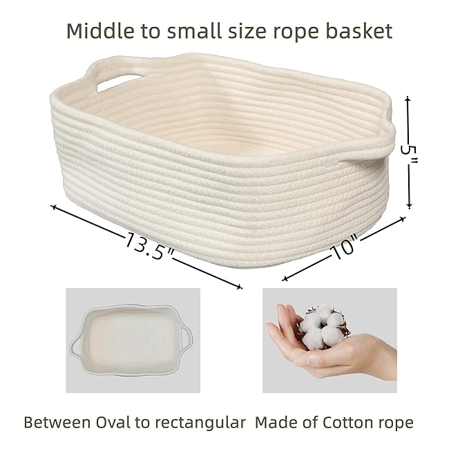 Woven Cotton Rope Storage Basket with Handles for Organizing Shelves Closet Small Cat Dog Pet Toy Baskets Box Bin Decorative Rectangle Baby Nursery basket Gift basket Empty(white)