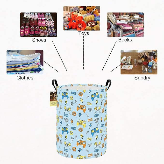 HUNRUNG Laundry Hamper,Large Canvas Fabric Lightweight Storage Basket Toy Organizer Dirty Clothes Collapsible Waterproof for College Dorms（Round-Color Game）