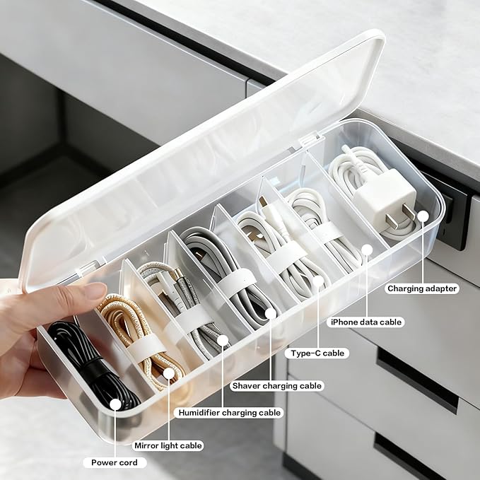 Cord Organizer Box with Lid, 7 Compartment Cable Management with 7 Wire Ties, Dustproof Cable Storage Box for Office & Home, Wire Hider for Computer Desk, Charger Cables, Power Cords (2pack)