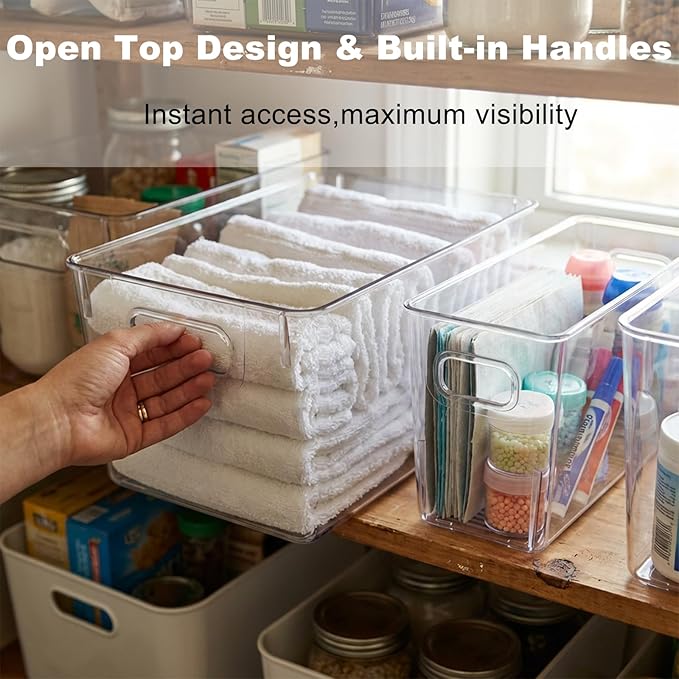 MOONEDGE 4 Pack Modular Clear Plastic Storage Organizer Bins – 2 Large & 2 Narrow, Nestable Space-Saving System for Pantry & Kitchen Storage, Fridge, Bathroom & Cabinet