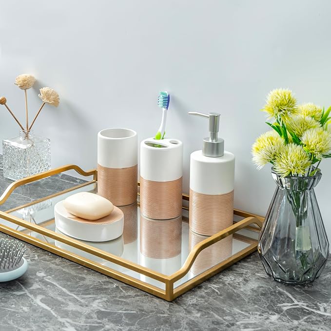 MyGift 4 Pcs Soap Dispenser and Toothbrush Holder Set, Ceramic Bathroom Accessories Set, Soap Dish, Pump Dispenser, Tumbler Cup, Dual Tone White with Clay Stripe