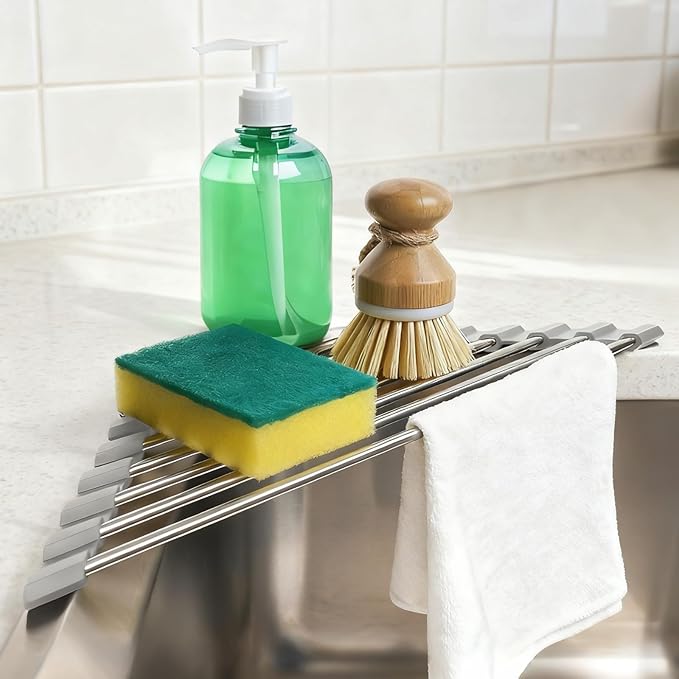 Triangle Dish Drying Rack, Sink Caddy for Top of Sink Rack, Stainless Steel Roll-Up Over The Sink Drainer, Foldable Sponge Holder for Kitchen Sink Organizer, Non-Slip Silicone, Space-Saving
