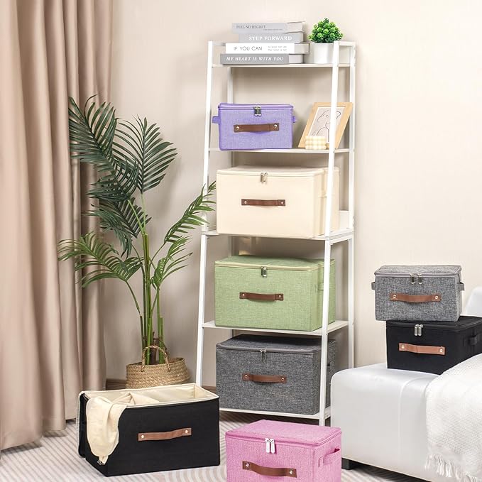 Storage Bins with Zipper Lid Foldable Fabric Lidded Storage Boxes Baskets Cubes Washable Collapsible PU Leather Handle Cotton Linen Shelves Closet Organizer Container(Pink, Small Size)