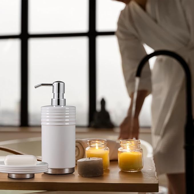 Bathroom Accessories Set 4 Pieces Ceramic Bathroom Accessory with Metal Base Set Contain Soap Dispenser Cotton Swab Jar Toothbrush Cup Soap Dish