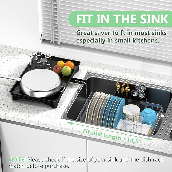 LEMIKKLE Sink Dish Drying Rack - Expandable Small Dish Rack Over Sinks with Drying Tray, Dish Drainer for Kitchen Counter with Cutlery Holder, Drying Rack Fit for 14’’-19’’ Kitchen Sink