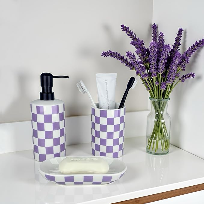 Bathroom Toothbrush Holder Set, Ceramic Soap Dispenser and Tooth Brush Holder& Soap Dish Set 3Pcs, Bathroom Accessories Sets Countertop, Purple Lavender Checkered Bathroom Decor