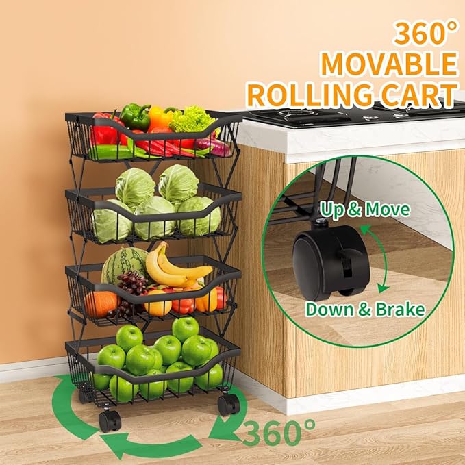 Fruit Basket for Kitchen 4 Tier Stackable Fruit Vegetable Storage Baskets with Wheels Metal Wire Storage Basket Organizer Cart for Kitchen Livingroom Diningroom Office, Black