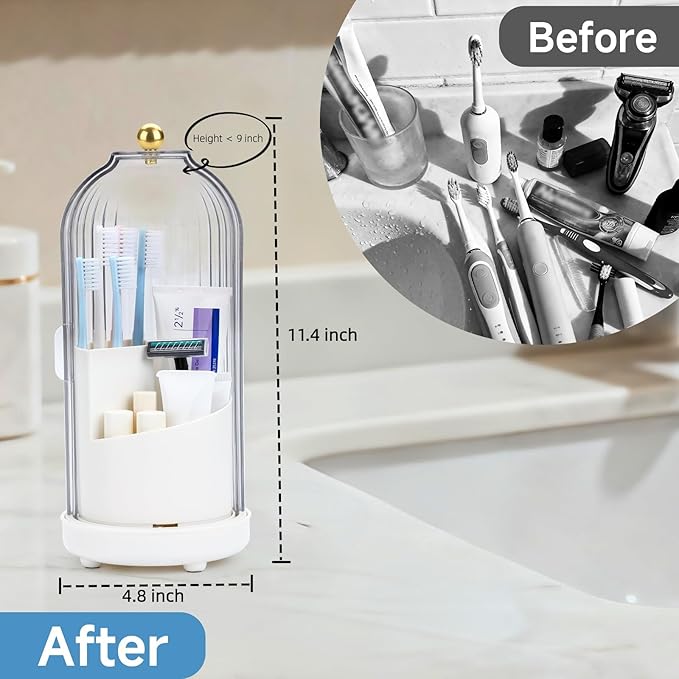 Johehe Toothbrush Organizer with Cover,3 Slots for Bathroom Toothbrush Holders with Lid,Dustproof Design,Rotating Holder,Ideal Makeup Brushes Holder for Bathroom Countertop Organization and Storage
