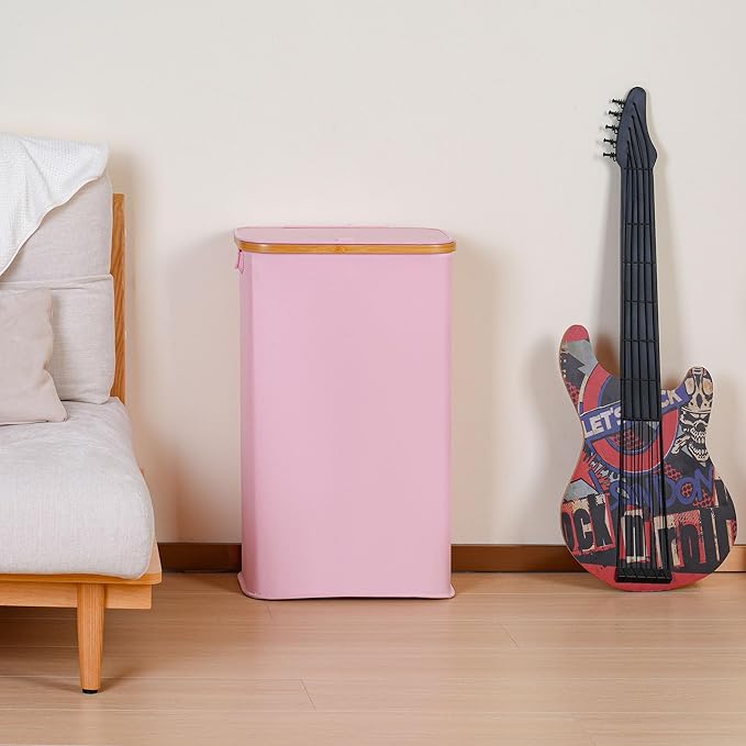 65L Slim Laundry Hamper, Narrow Laundry Basket with Lid,Foldable Clothes Hamper with Bamboo Handles,Hamper Basket with Removable Inner Bag for Laundry Room Bedroom College Dorm,17.17 Gals Pink