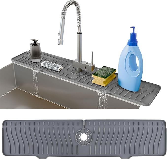 24 Inch Longer Faucet Mat for Kitchen Sink, Silicone Sink Faucet Mat Splash Guard 5° Slope Premium Kitchen Sink Splash Faucet Guard, Fast Self-Draining Mat (Grey)