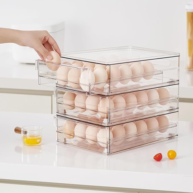 vacane Egg Holder for Refrigerator, 48 Capacity Clear Egg Storage Drawer with Non-Slip Pads, Stackable BPA-Free Egg Organizer Tray for Fridge