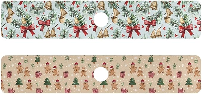 Bows Holly Bell Beige Gingerbread Snowflakes Kitchen Sink Splash Guard Sink Faucet Mat Faucet Handle Drip Catcher Drain Mats for Kitchen Bathroom Countertop Absorbent Dish Drying Pad 2Pack 30
