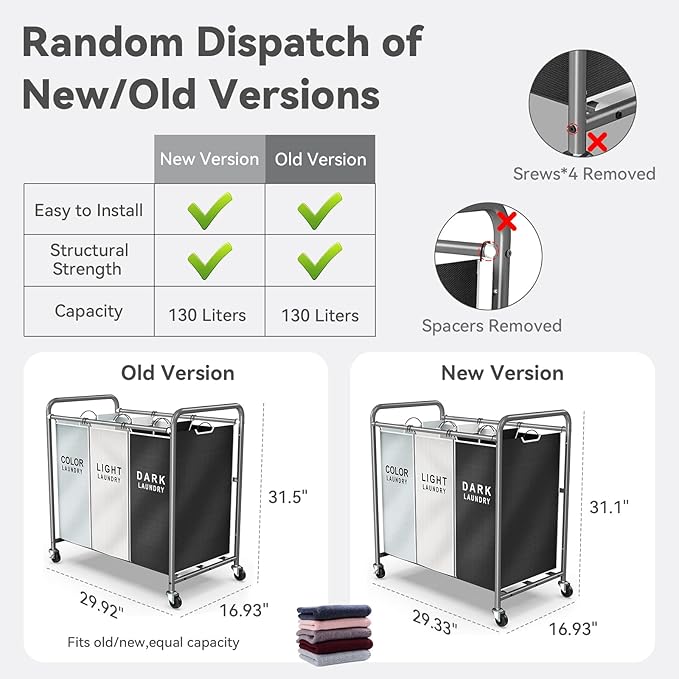 ROMOON Laundry Sorter Hamper 3 Section, Divided Laundry Basket Organizer with Heavy Duty Lockable Wheels and Removable Bags, Rolling Clothes Hamper for Apartment, Dorm & Family (130L Multicolor)