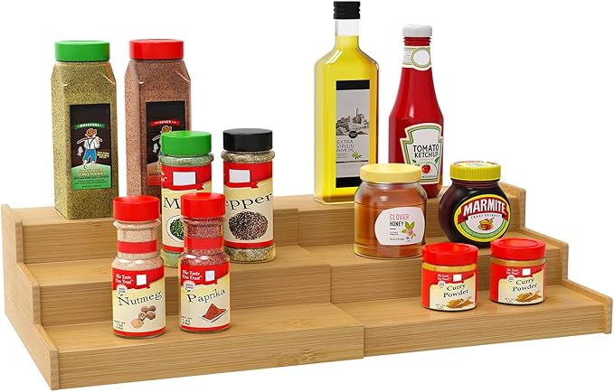 Spice Rack Organizer for Cabinet, 3 Tier Expandable Bamboo Spice Storage for Kitchen Cupboard Pantry