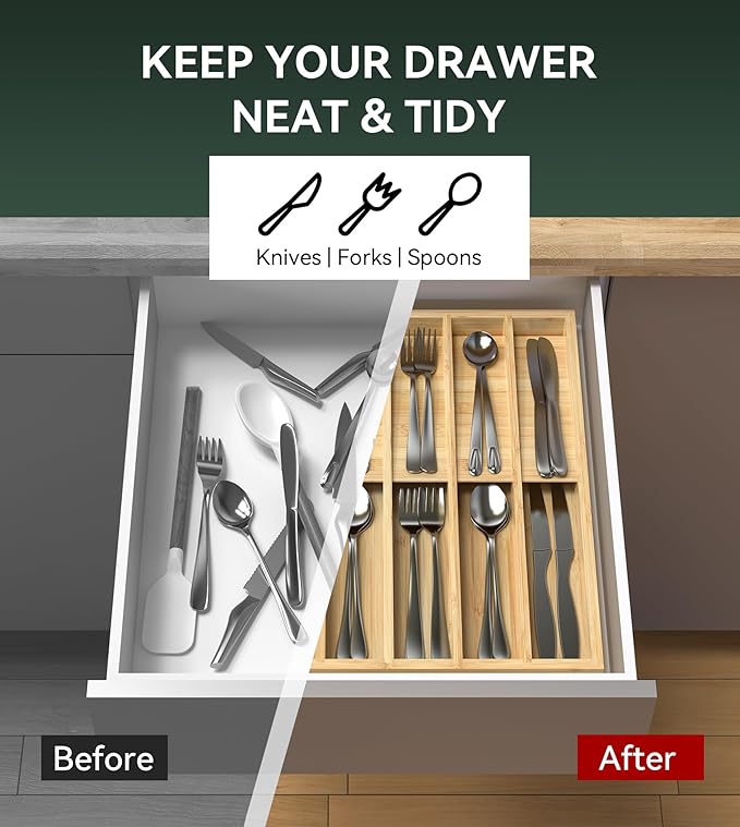 Silverware Organizer, Utensil Drawer Organizer & Cutlery Tray Dividers for Spoons Forks Knives (10 Slot,Natural Bamboo), 16”Dx12.3”Wx1.7”H