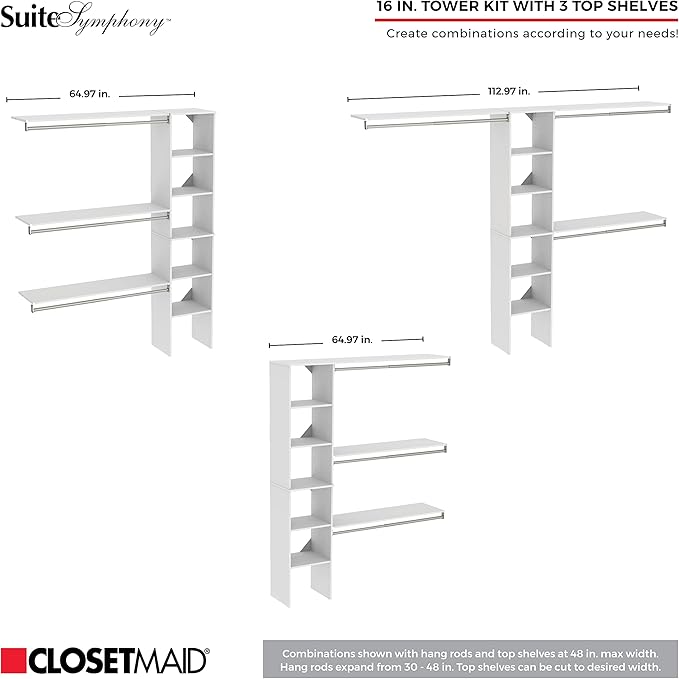 ClosetMaid SuiteSymphony Wood Closet Organizer Kit with Tower, 3 Hang Rods, Top Shelves, Adjustable, Fits Spaces 5 - 9 ft. Wide, Pure White