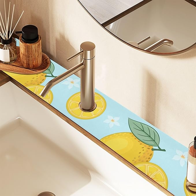 Kitchen Sink Splash Guard Sink Faucet Mat Faucet Handle Drip Catcher Drain Mats for Kitchen Bathroom Countertop Absorbent Dish Drying Mat Pad16 2pack 14.7x5.4Inch Lemon Blue