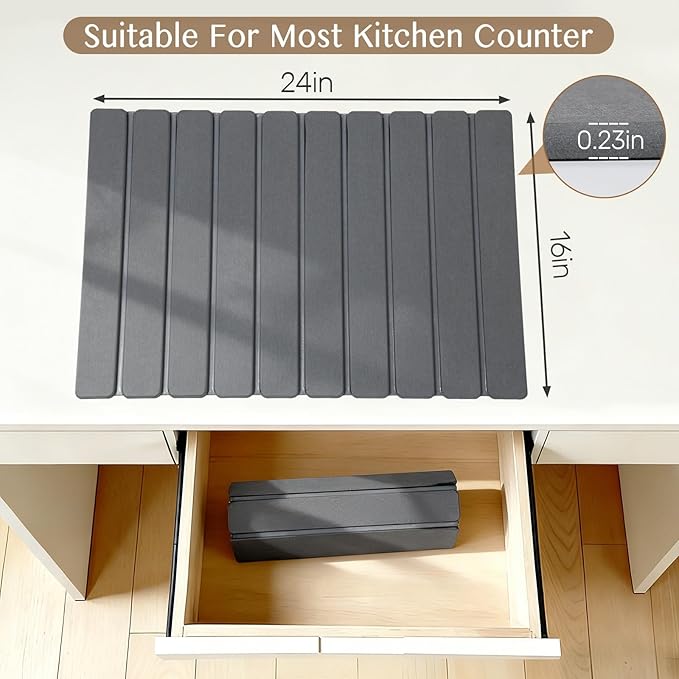 Large Stone Dish Drying Mat for Kitchen Counter, Thin & Light Quick Dry Stone Dishes Mat, Foldable Water Absorbing Diatomite Drying Pad for Kitchen Bathroom Sink Countertop (Pure Gray 24"×16" & 8"x4")