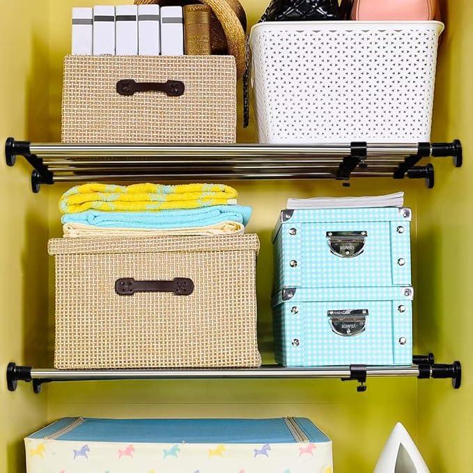 BAOYOUNI Expandable Closet Shelf Tension Rod Clothes Hanger Storage Rack Adjustable DIY Shelving Unit Cabinet Kitchen Bathroom Divider Separator Organizer, Black