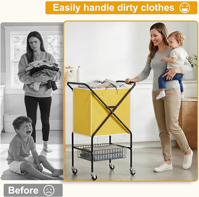 Convenient Laundry Basket with Wheels,36" High Easy Rolling Laundry Cart with Wheels,Heavy Duty Dirty Clothes Laundry Hamper with Handles Removable Bag for Seniors,Folding Metal Frame/Yellow/98L