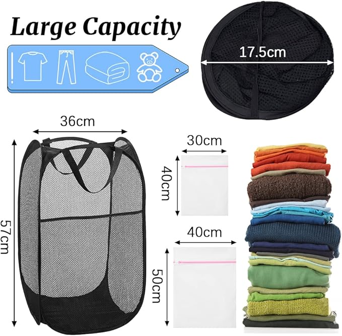 4Pcs Mesh Pop Up Laundry Hamper, FHDUSRYO Foldable Pop Up Hamper, Collapsible Laundry Basket with Carry Handles, Portable Dirty Clothes Basket with 4 Wash Bags, Mesh Hamper for Dorm Bedroom Travel