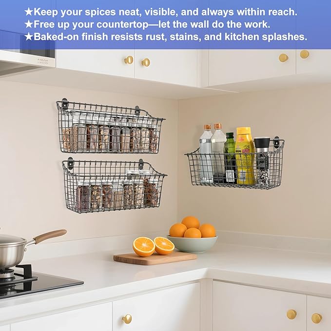 Wall Mounted Iron Spice Rack – Large Grey Painted Kitchen Wall Shelf & Seasoning Organizer for Jars, Condiments & Spices – 40cm W × 14cm D × 18.5cm H Floating Pantry Storage Rack with Screw Mount